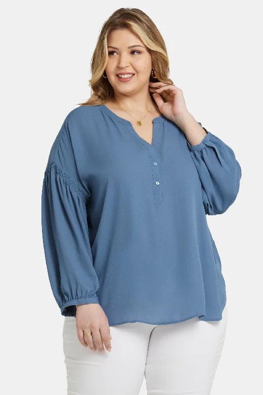 navy blue utility shirts trendy -Paulina Peasant Blouse In Plus Size - Blue Stone