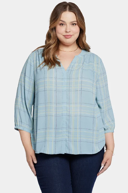 olive ruffled shirts trendy -Pintuck Blouse In Plus Size - Wembley Plaid