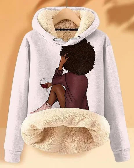 hoodie urban blue -Plush and Warm Red Wine Afro Girl Long-sleeved Hoodie