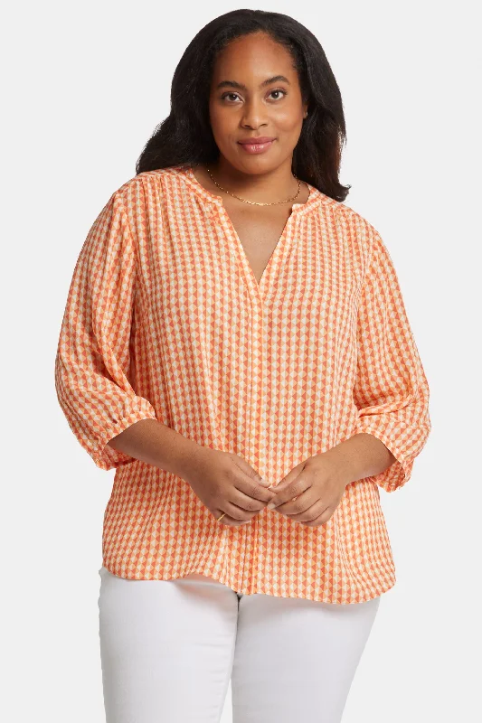 coral ruffled blouses feminine -Pintuck Blouse In Plus Size - Apricot Geo