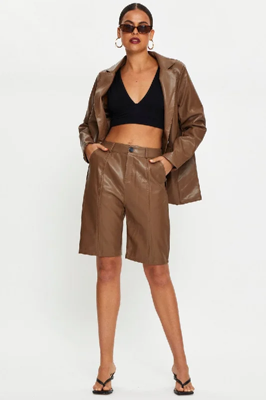 taupe dress shorts polished -Brown Faux Leather Boyfriend Short