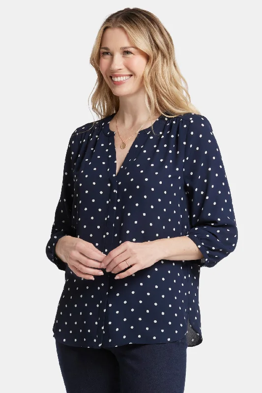 soft beige oxford shirts for office -Pintuck Blouse - Indigo Dot