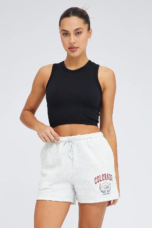 navy blue culottes shorts trendy -Grey Track Shorts High Rise Elastic Waist