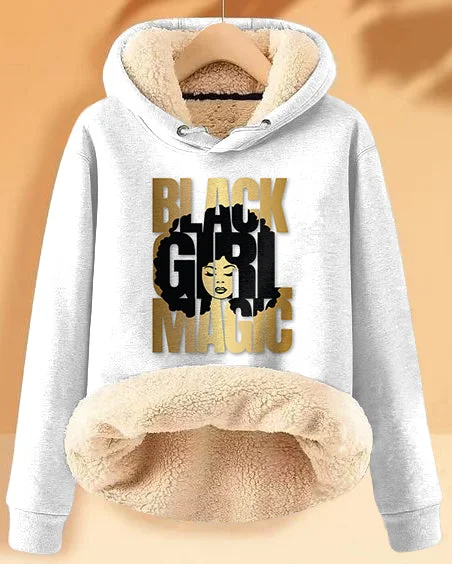 hoodie silky navy -Plush and Warm Black Girl Magic Long-sleeved Hoodie