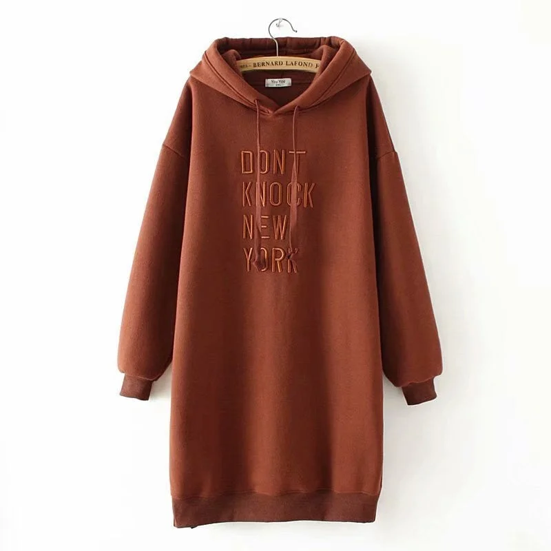 hoodie loose red -Women Loose Casual Hooded Sweatshirts Letters Long Sleeve Velvet Hoodie Dress Autumn Winter Plus Size Pullover Hoodies YY612