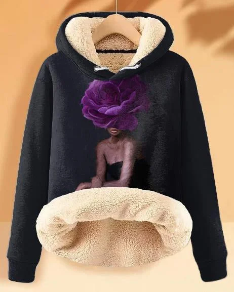 hoodie heated design -Plush and Warm Purple Flower Art Long-sleeved Hoodie