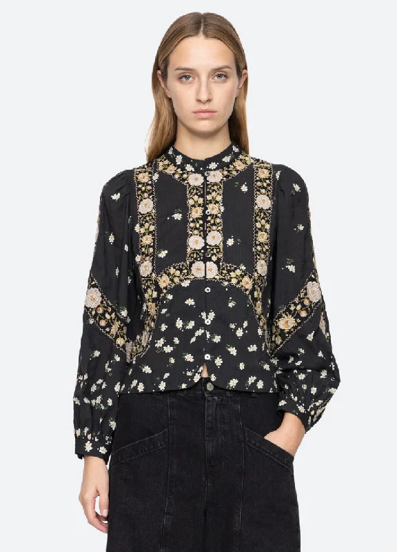 lilac sheer blouses trendy -Blouse Elizabeth Print Rs25-081 Black