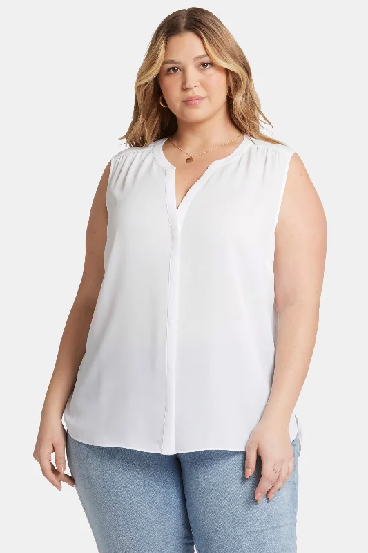 khaki floral shirts stylish -Sleeveless Pintuck Blouse In Plus Size - Optic White