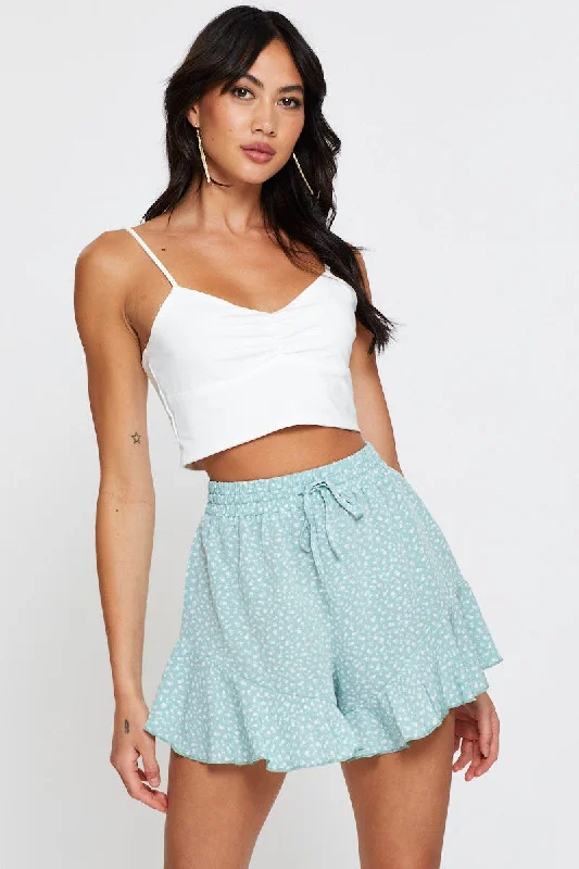 teal dress shorts polished -Print Shorts Ruffle Hem