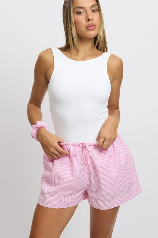 khaki stretch shorts for gym -Pink Stripe Shorts Mid Rise