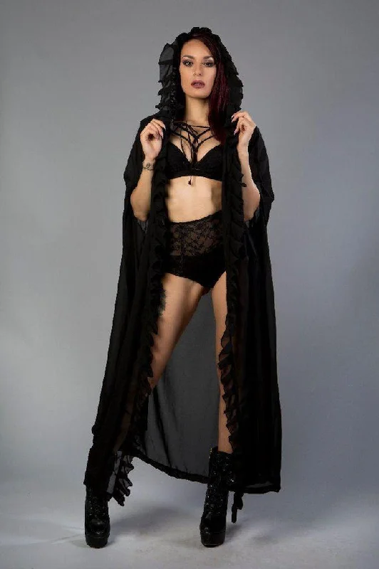 hoodie cozy design -Hooded Gothic Victorian Cape In Black Chiffon