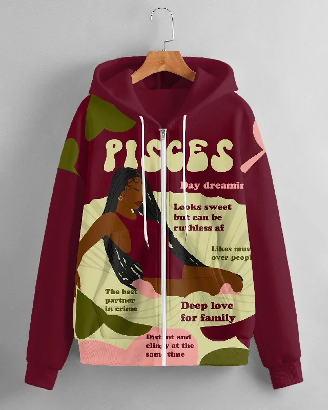 hoodie plush hoodie -Women's Fashion Daily Black Pisces Women Print Long Sleeve Zipper Hoodie