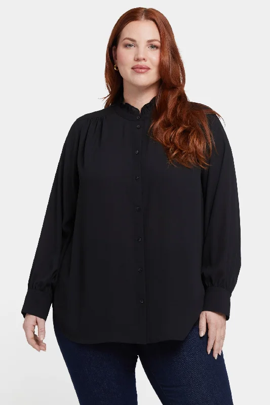 taupe wrap shirts chic -Ruffle Neck Blouse In Plus Size - Black