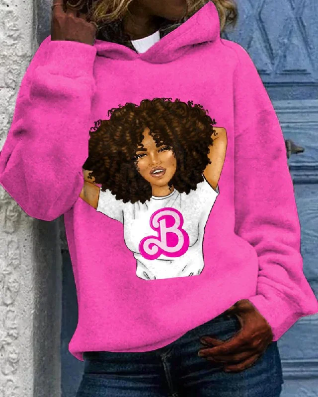 hoodie mustard glow -Afro Barbie Girl Print Long-sleeved Hoodie