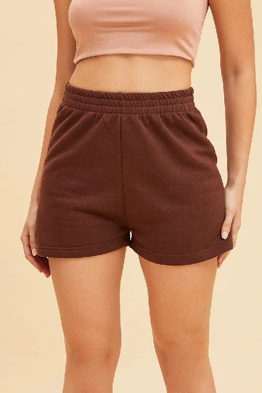 sage green athletic shorts comfy -Brown Lounge Shorts Cotton Fleece Relaxed Fit