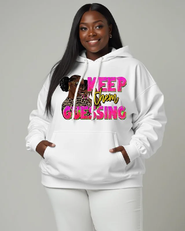 hoodie ruby red -Women's Black Girl Slogan Keep Them Guessing Pocket Long Sleeve Hoodie