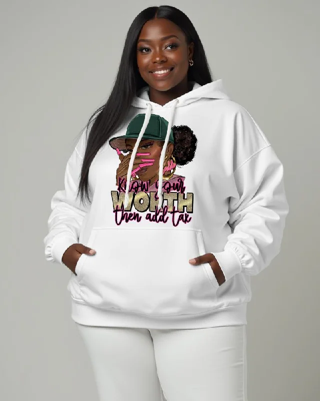 hoodie fleece lining -Women's Black Girl Slogan Know Your Worth Then Add Tax Pocket Long Sleeve Hoodie