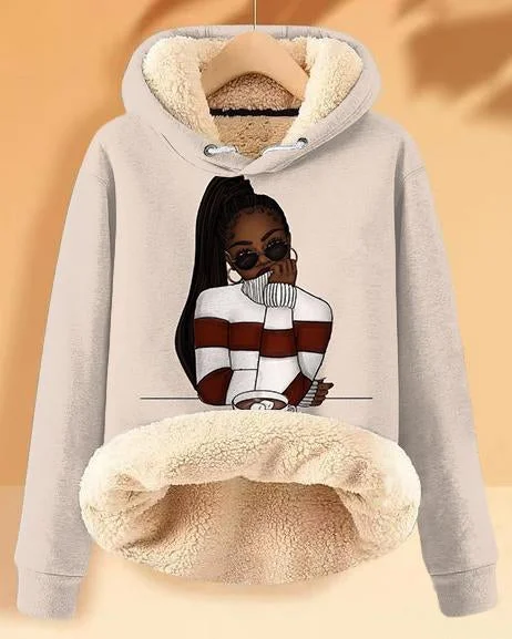 hoodie cool red -Plush and Warm Sweater Cartoon Girl Long-sleeved Hoodie