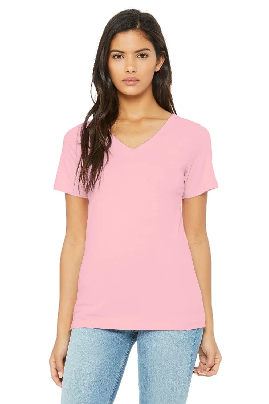 maroon tie-front t-shirts cute -Bella + Canvas Womens Relaxed Jersey Short Sleeve V-Neck T-Shirt - Pink