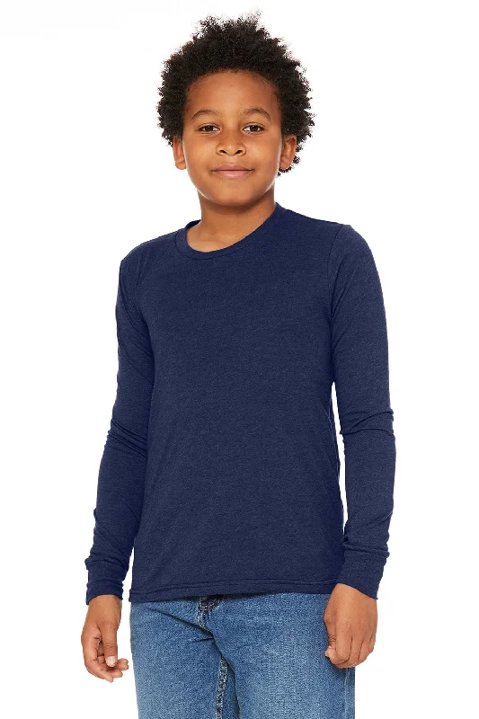 teal pocket t-shirts versatile -Bella + Canvas Youth Jersey Long Sleeve Crewneck T-Shirt - Navy Blue Triblend