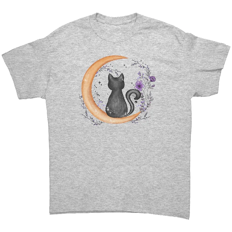 indigo lightweight t-shirts summer -Black Cat Sitting on Moon Unisex T-Shirt