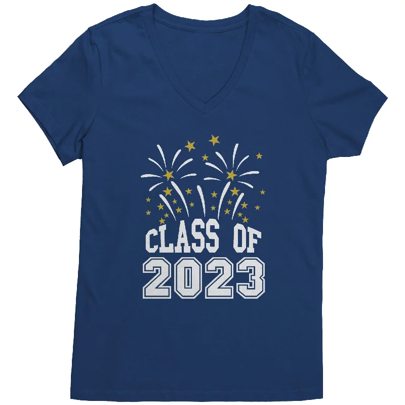 navy blue slim fit t-shirts sleek -CLASS of 2023 w/Fireworks Women's V-Neck T-Shirt