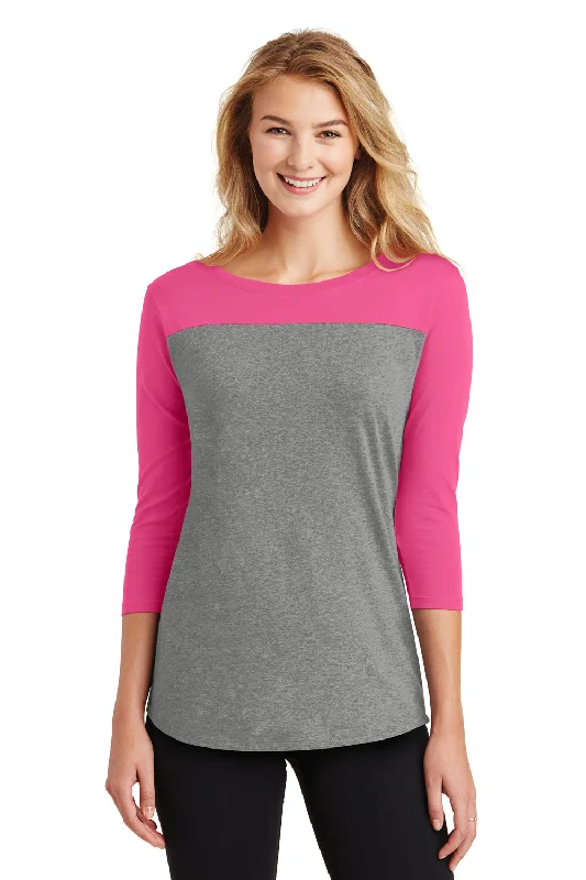 khaki long sleeve t-shirts cozy -District Womens Rally 3/4 Sleeve Wide Neck T-Shirt - Grey Frost/Dark Fuchsia Pink - Closeout