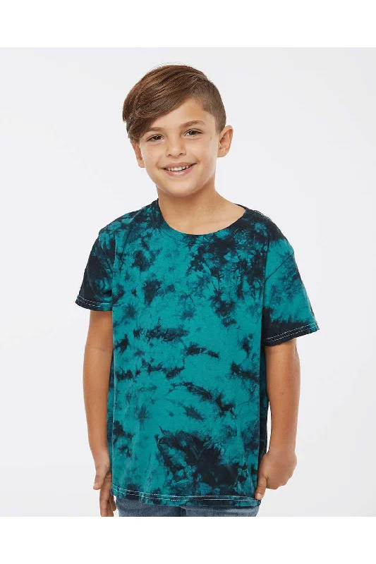 maroon crew neck t-shirts basic -Dyenomite Youth Crystal Tie Dyed Short Sleeve Crewneck T-Shirt - Black/Teal