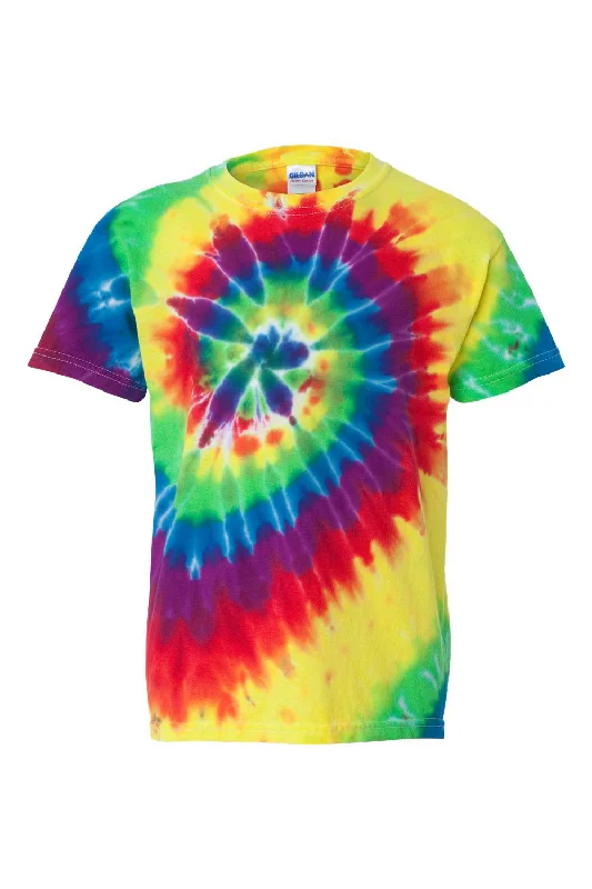 khaki lightweight t-shirts summer -Dyenomite Youth Spiral Tie Dyed Short Sleeve Crewneck T-Shirt - Classic Rainbow Spiral