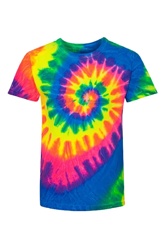 heather grey slim fit t-shirts sleek -Dyenomite Youth Spiral Tie Dyed Short Sleeve Crewneck T-Shirt - Fluorescent Rainbow Spiral