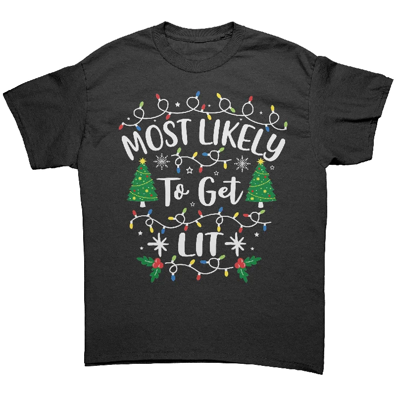 olive cropped t-shirts chic -Most likely to Get Lit Christmas Unisex T-Shirt Family T-Shirts