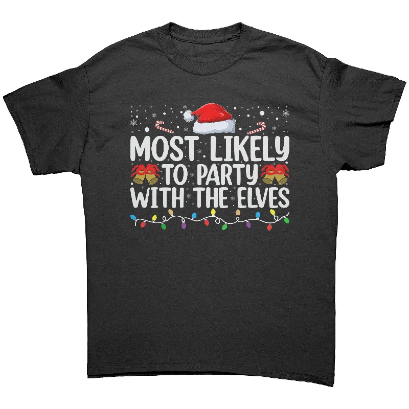 burnt orange slim fit t-shirts sleek -Most likely to Party with the Elves Christmas Unisex T-Shirt Family Shirts