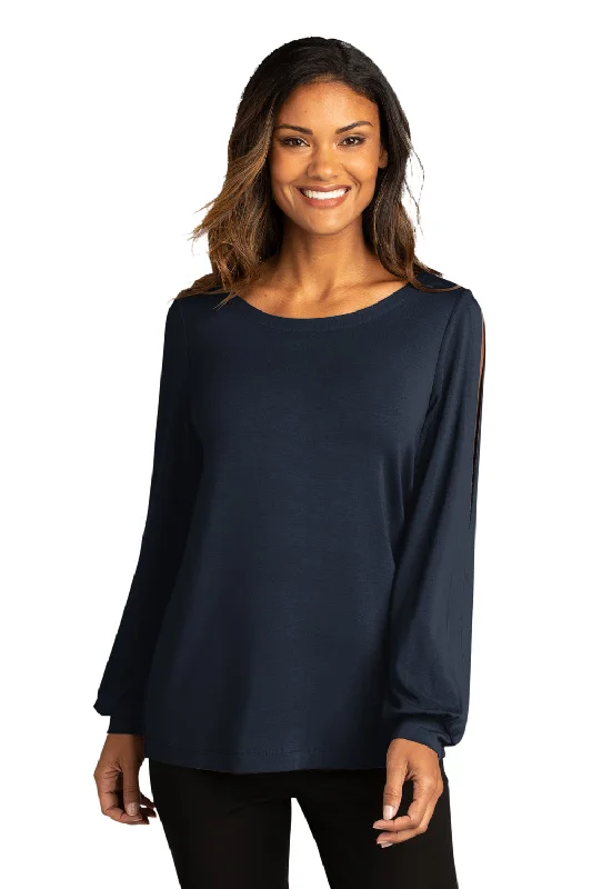 heather grey lightweight t-shirts summer -Port Authority Womens Luxe Knit Long Sleeve Wide Neck T-Shirt - River Navy Blue