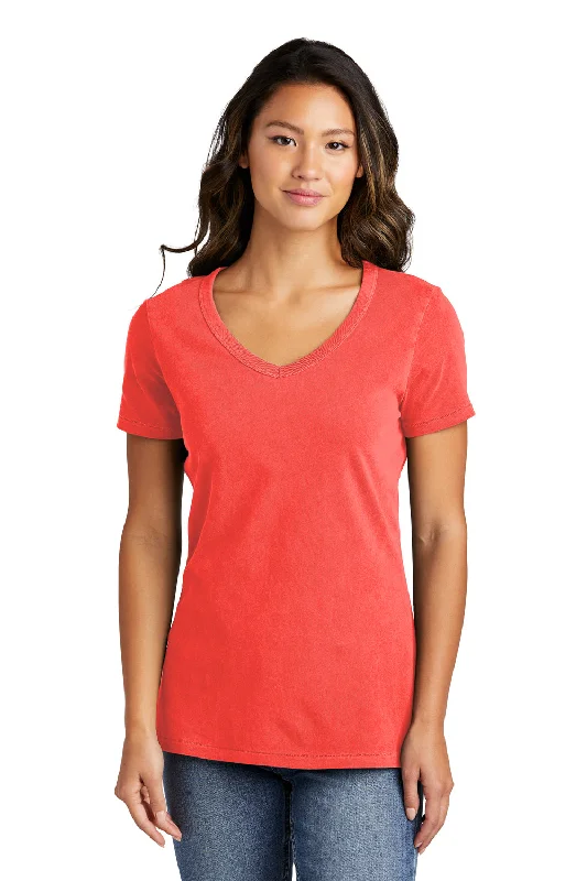 burnt orange pocket t-shirts casual -Port & Company Womens Beach Wash Garment Dyed Short Sleeve V-Neck T-Shirt - Poppy Red