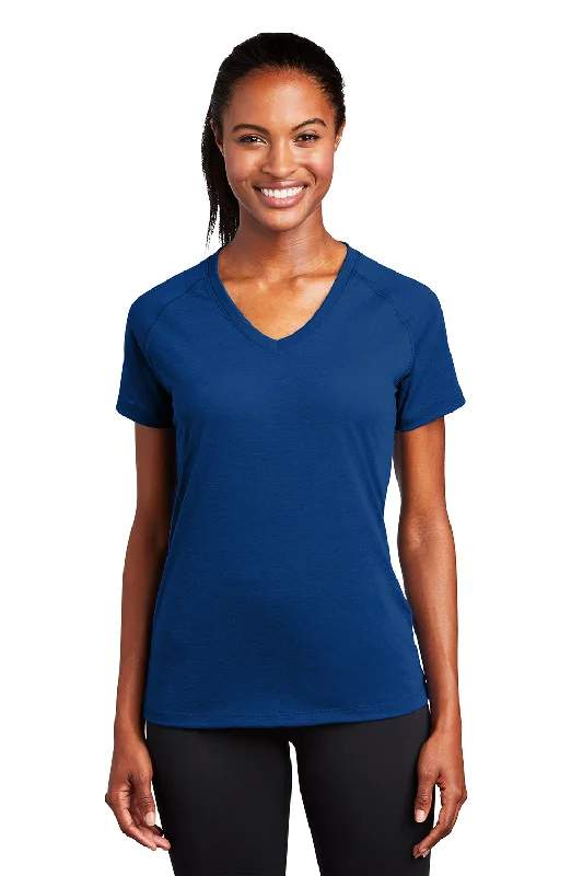 burnt orange crew neck t-shirts basic -Sport-Tek Womens Ultimate Performance Moisture Wicking Short Sleeve V-Neck T-Shirt - True Royal Blue