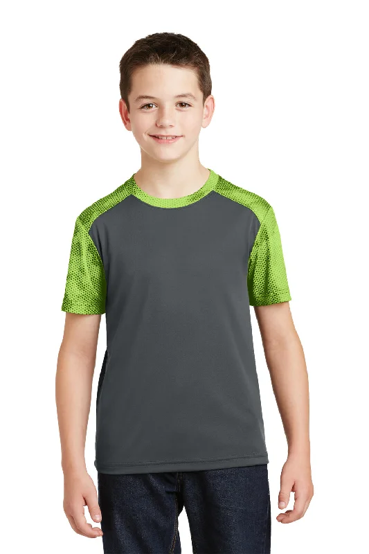 khaki sports logo t-shirts active -Sport-Tek Youth CamoHex Moisture Wicking Short Sleeve Crewneck T-Shirt - Iron Grey/Lime Shock Green - Closeout