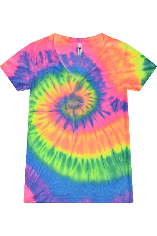 coral lightweight t-shirts summer -Tie-Dye Womens Short Sleeve V-Neck T-Shirt - Neon Rainbow