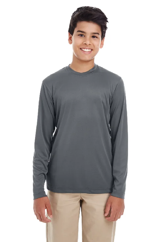 heather grey camo t-shirts rugged -UltraClub Youth Cool & Dry Performance Moisture Wicking Long Sleeve Crewneck T-Shirt - Charcoal Grey