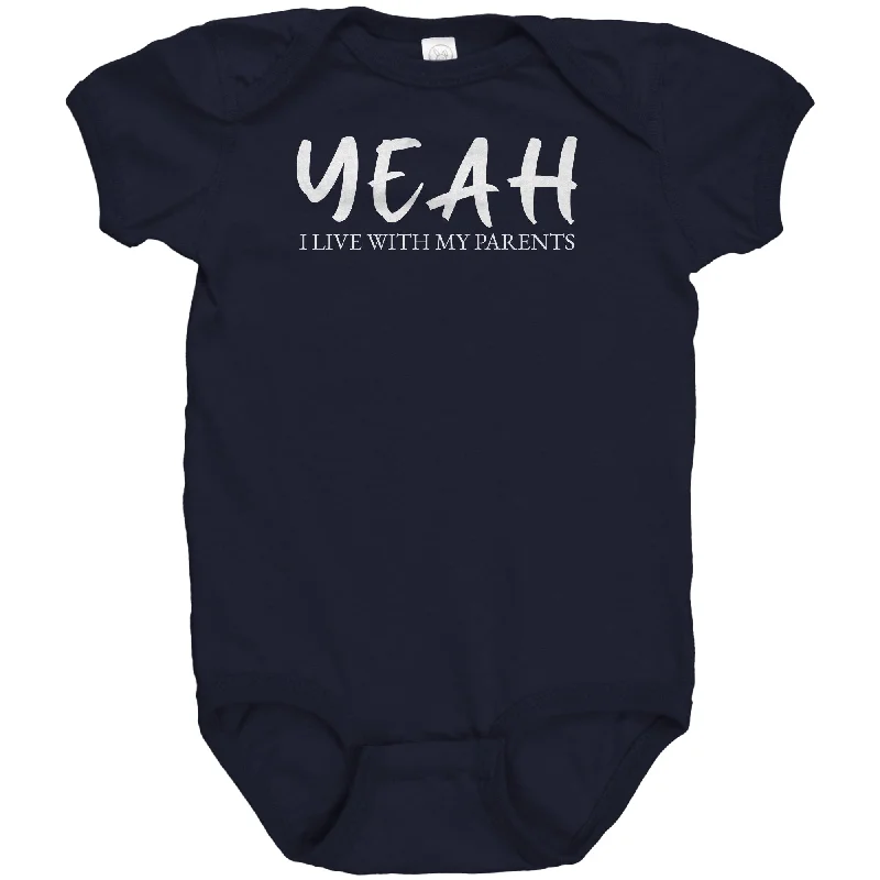 teal henley t-shirts smart -YEAH I Live with My Parents Baby One Piece Snap Bodysuit