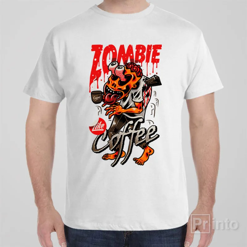 coral crew neck t-shirts basic -Zombies like coffee - T-shirt