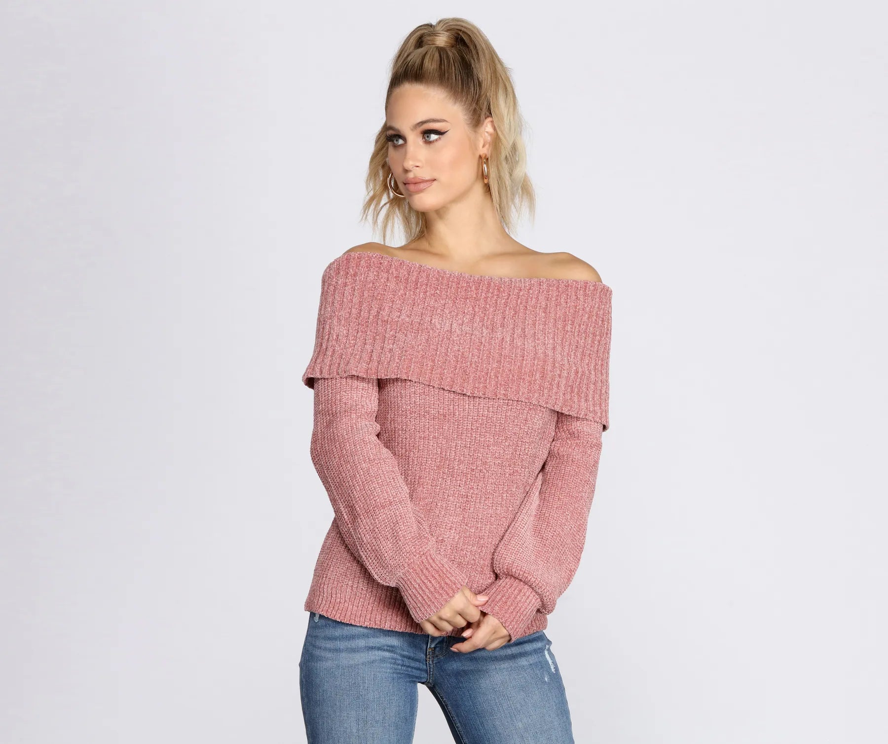 pullover sweater cool cashmere -Chic Off The Shoulder Chenille Sweater