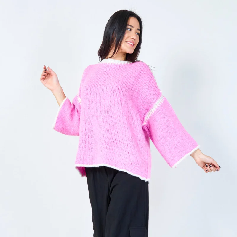 pullover sweater warm pink -Contrast hem oversized sweater wholesale