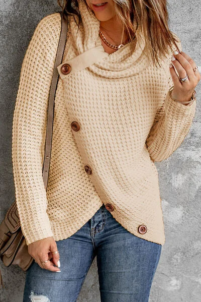 pullover sweater refined brown -Decorative Button Mock Neck Sweater