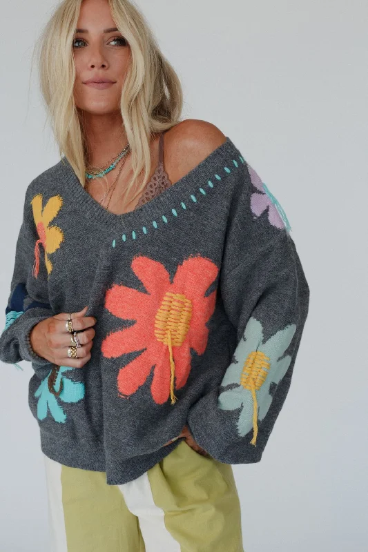 pullover sweater loud blue -Good Mood Flower Print Sweater - Charcoal