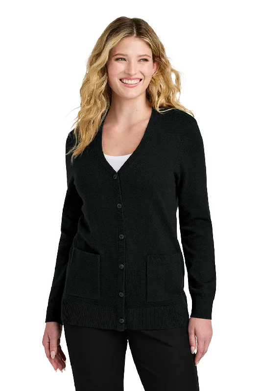 cardigan sharp maroon -Port Authority Womens Easy Care Button Front Long Sleeve Cardigan Sweater w/ Pockets - Deep Black - COMING SOON