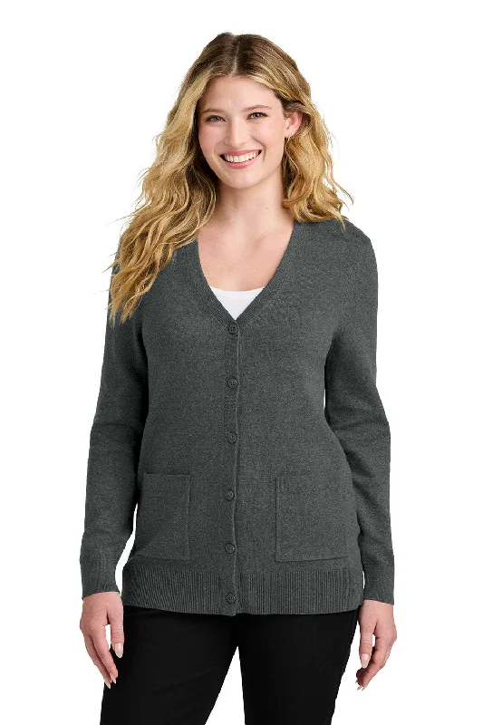 cardigan chill refined -Port Authority Womens Easy Care Button Front Long Sleeve Cardigan Sweater w/ Pockets - Heather Charcoal Grey - COMING SOON