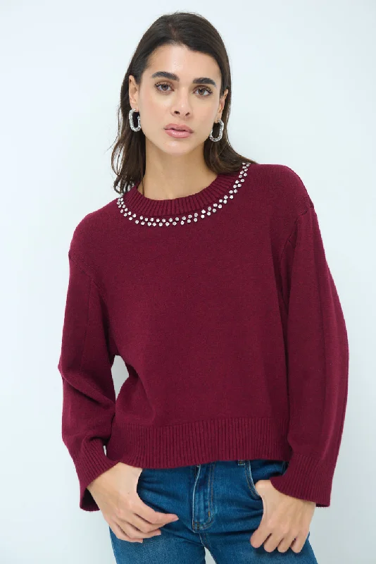 pullover sweater refined olive -Rhinestone neckline relaxed pullover wholesale