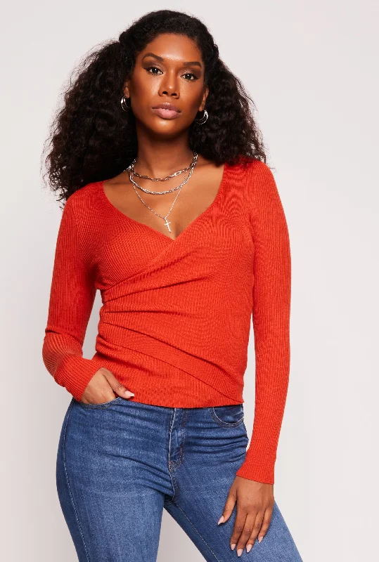 pullover sweater chill refined -Rib Knit Long Sleeve Surplice Sweater