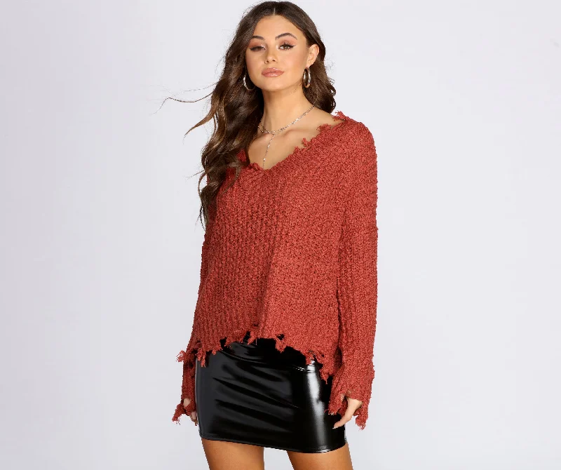 pullover sweater refined black -Stylishly Distressed V-Neck Sweater