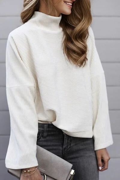 pullover sweater flowy brown -Turtleneck Slit Dropped Shoulder Sweater